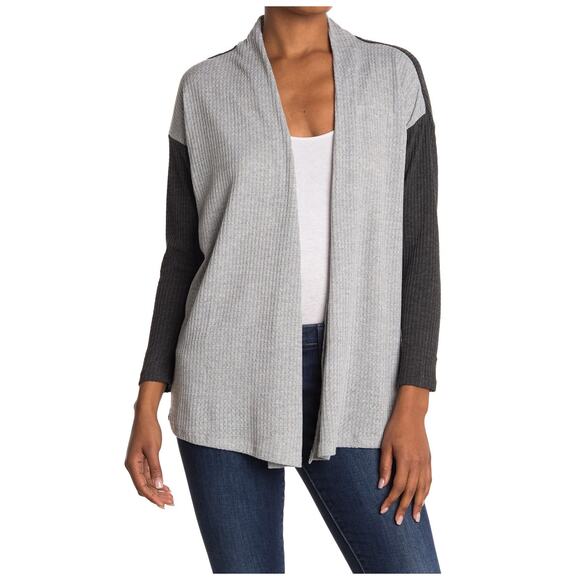 Bobeau Open Front Waffle Knit Long Sleeve Cardigan Sweater Gray Charcoal S NWT - Picture 1 of 12